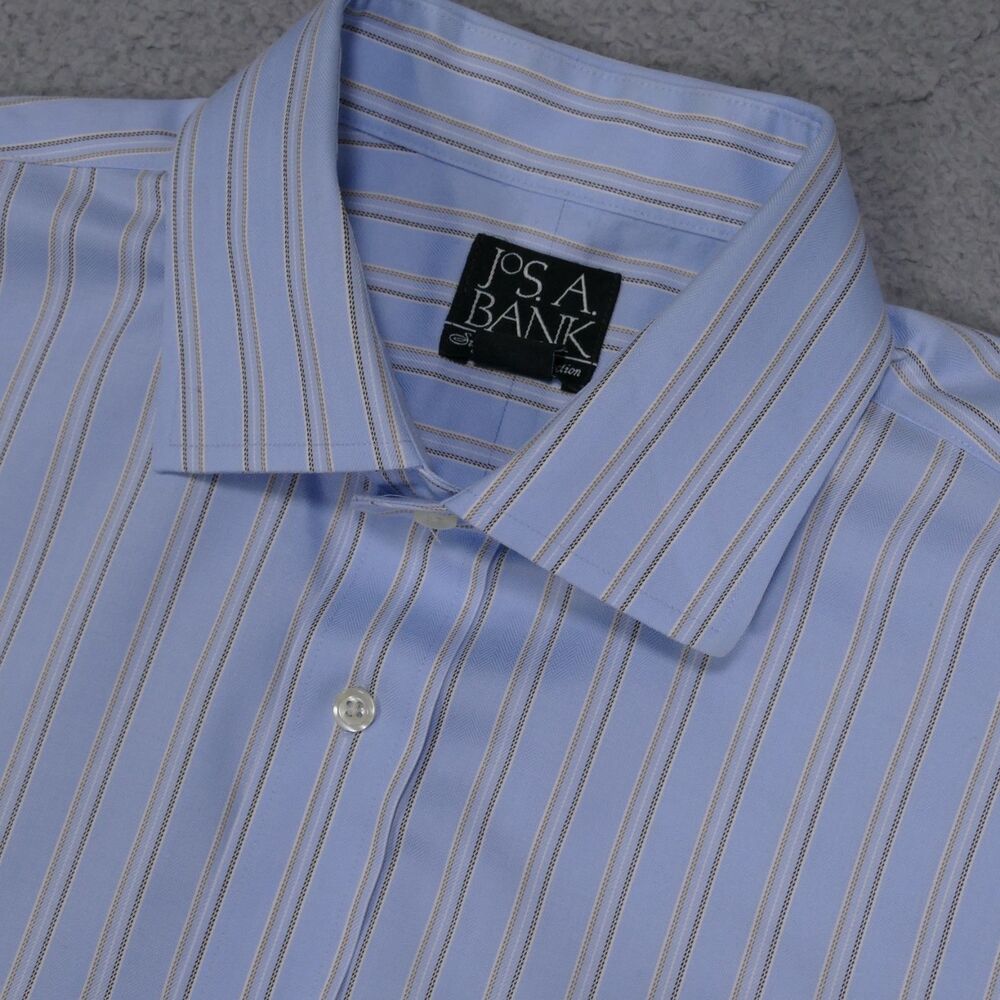 Jos A Bank Signature Shirt Mens 16-33 Blue Brown Striped Button Up Long Sleeve